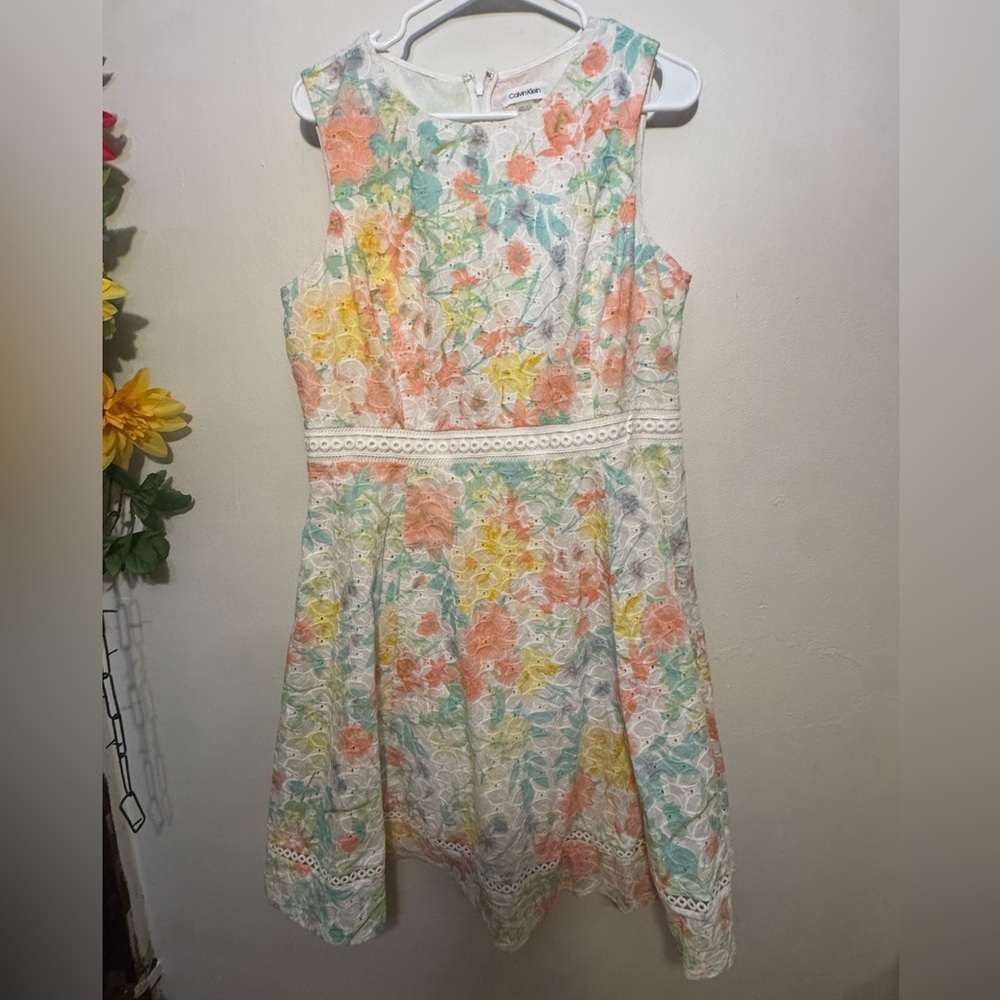 Calvin Klein Multicolor Floral Eyelet Sleeveless Fit and Flare Dress Size 14